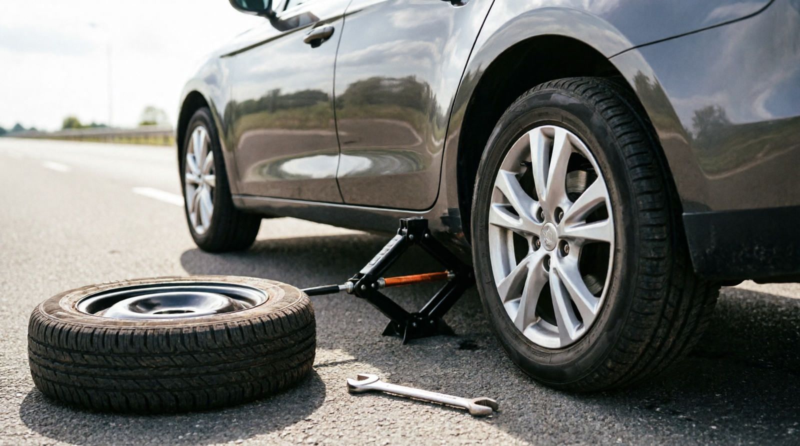 Person installing a spare tire on a car