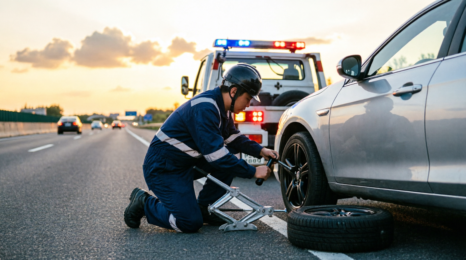 Roadside assistance technician replacing a flat tire on a car parked along the highway shoulder