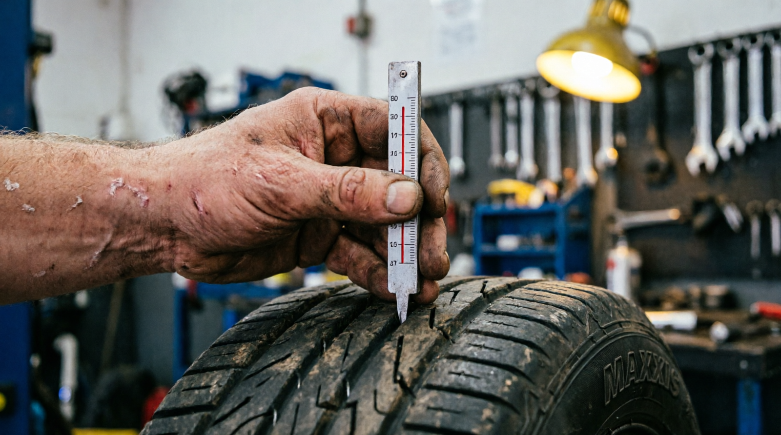 Mechanic using a tread depth gauge to check car tire wear