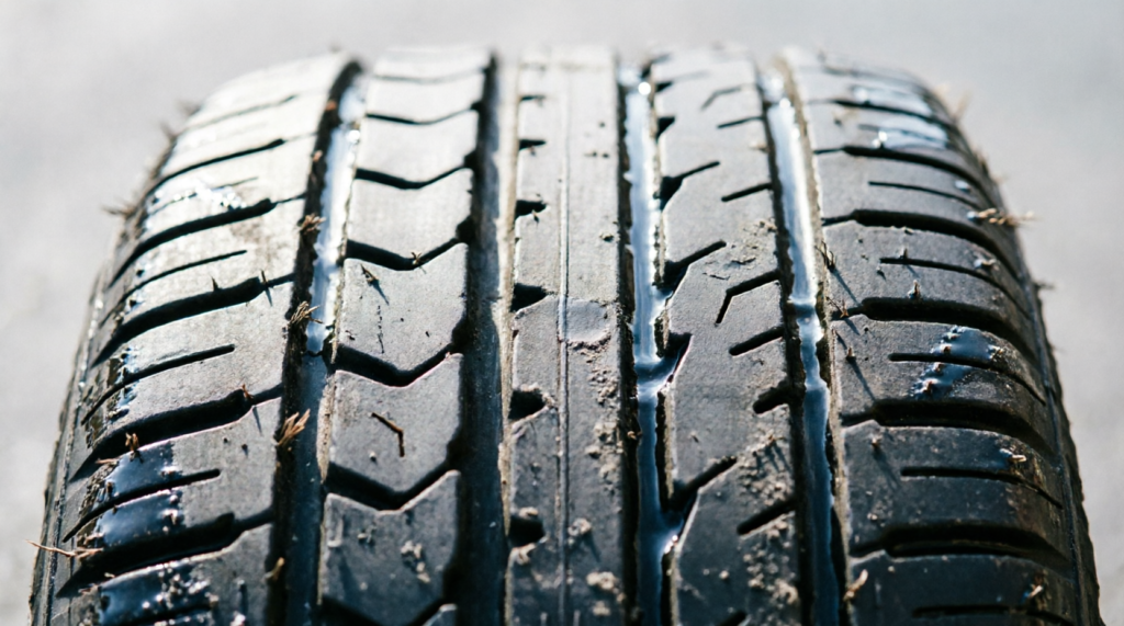 Close-up of a car tire tread with wear indicator bar level with the tread