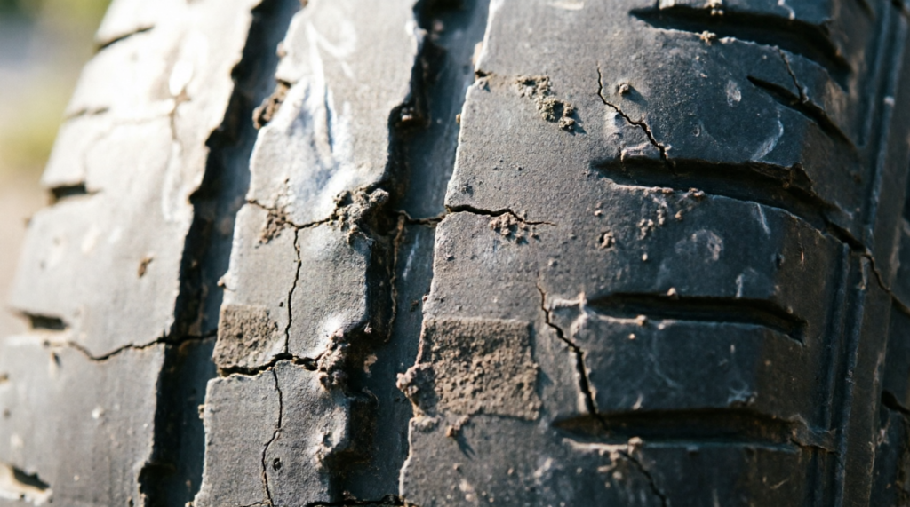 Close-up of car tire sidewall rubber surface texture