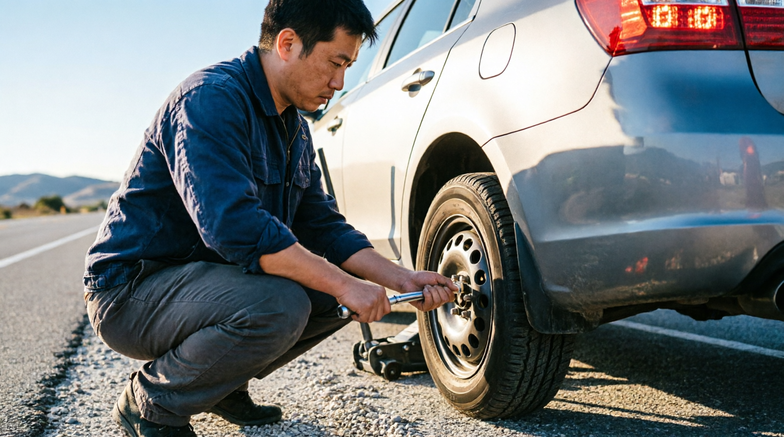 Person tightening lug nuts on a spare tire during a roadside tire change