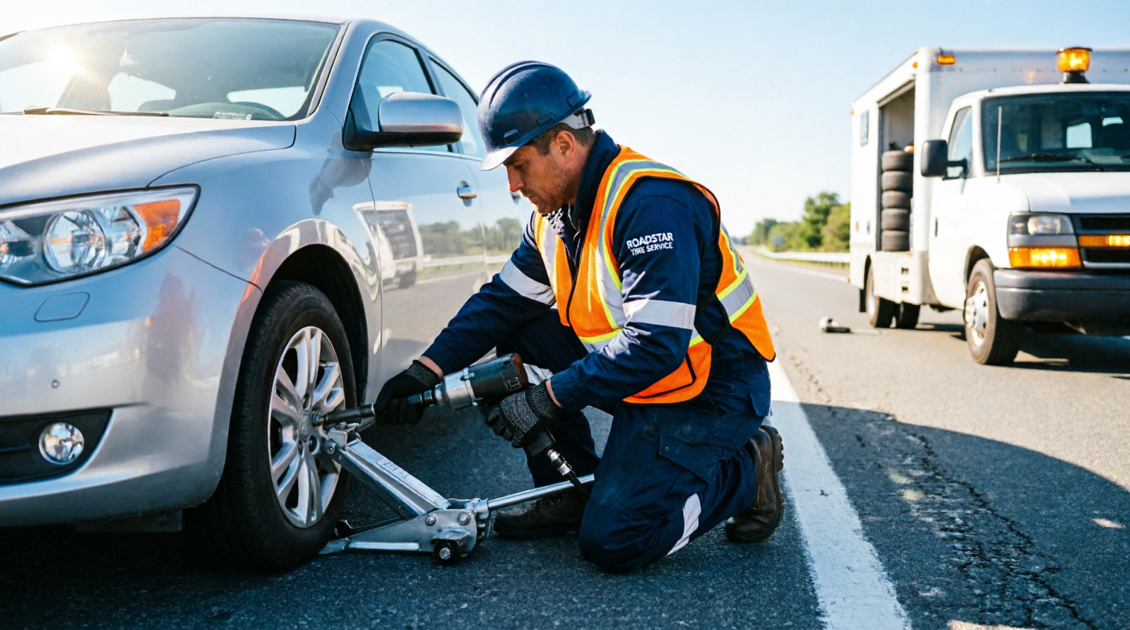 Mobile technician performing a portable tire change on a car parked on the highway shoulder