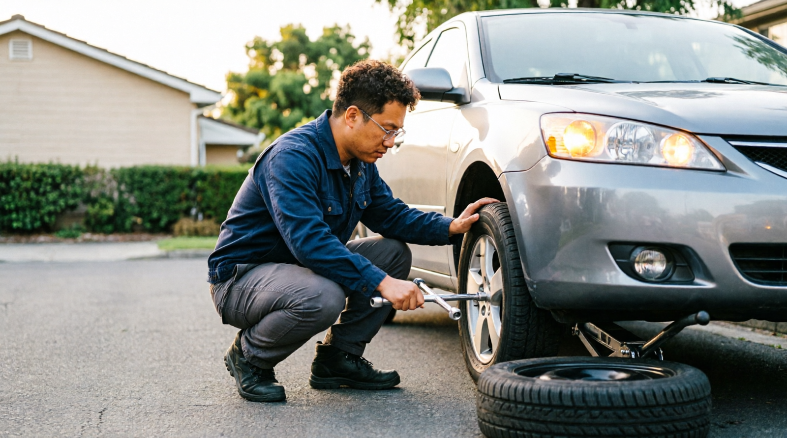 Driver changing a flat tire and installing a spare on the roadside during daylight