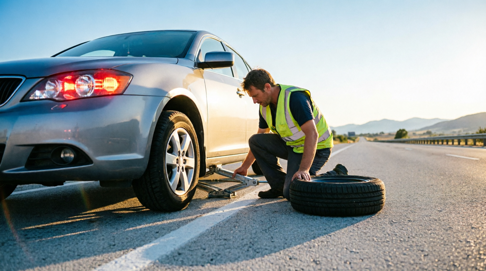 Roadside assistance technician changing a flat tire on a car parked on the highway shoulder