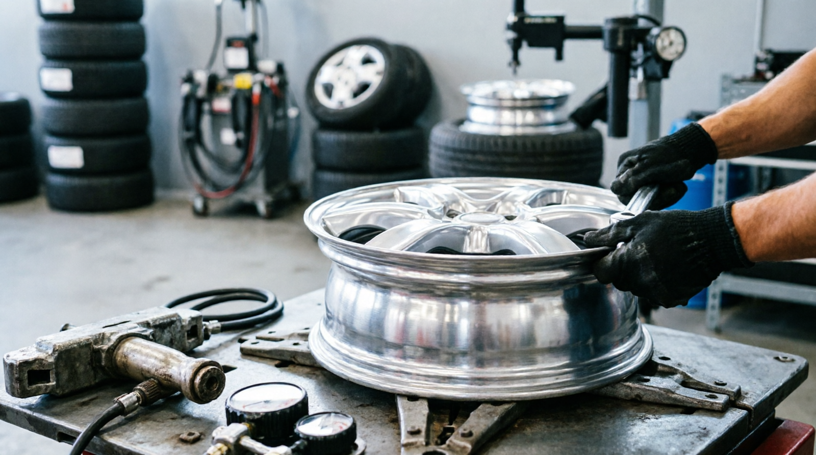 Mechanic mounting a rubber tire onto a silver alloy rim using a tire iron in a garage