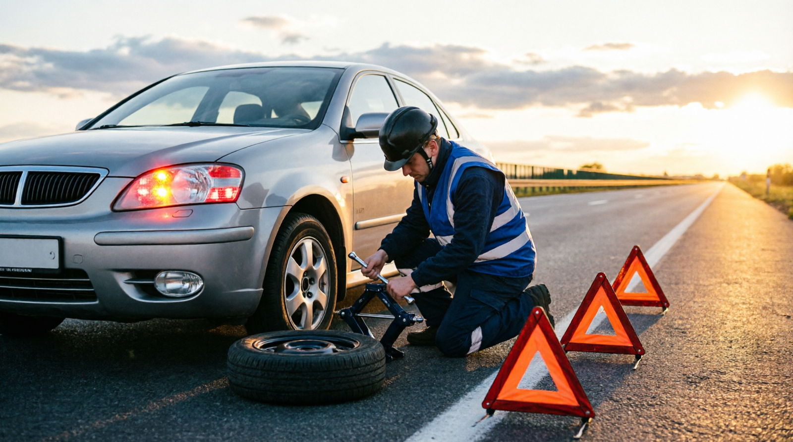 Roadside assistance technician changing a flat tire on a car parked safely on the highway shoulder