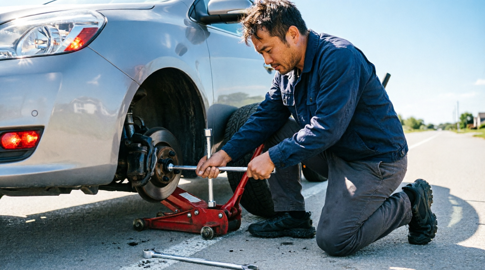 Person using a lug wrench to install a spare tire on a car raised with a jack on the roadside