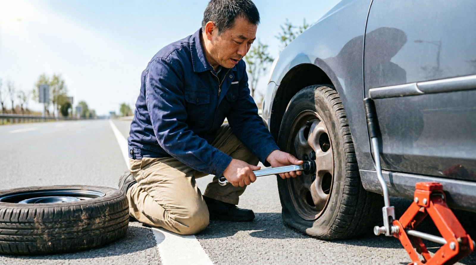 Person changing a flat tire on the side of the road using a lug wrench and jack