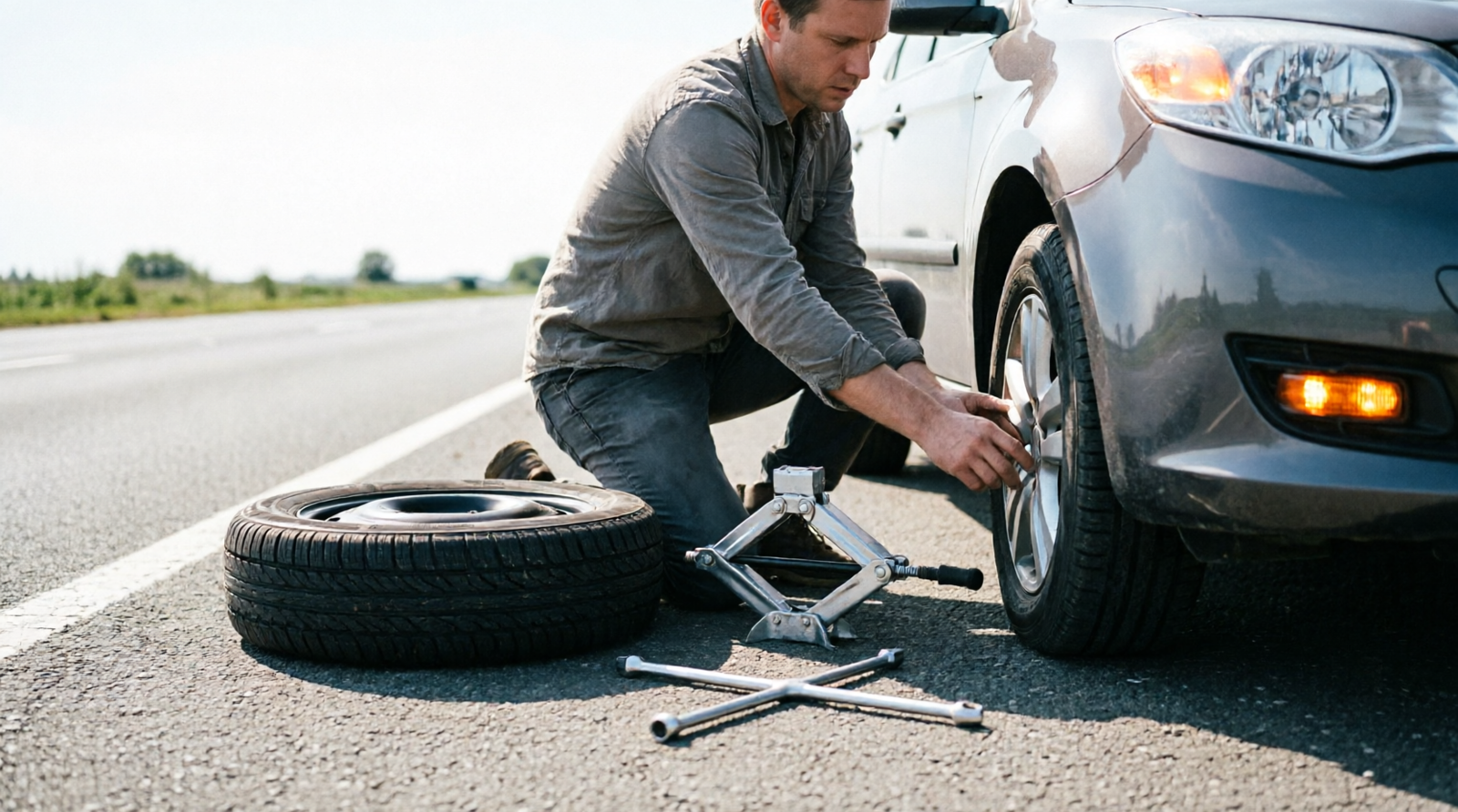 Person safely changing a flat car tire on the roadside with hazard lights on and tools laid out nearby