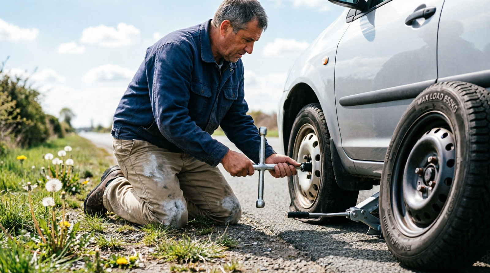 Person changing a flat car tire with a jack and lug wrench on the roadside