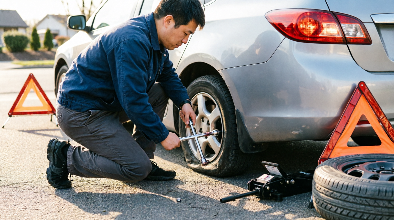 Person changing a flat car tire using a lug wrench and jack on the roadside