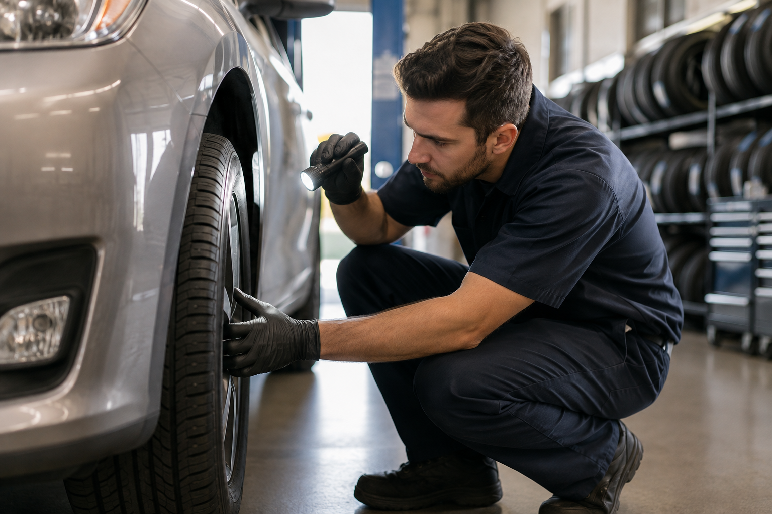 Tire shop technician inspecting car tire for lane change instability