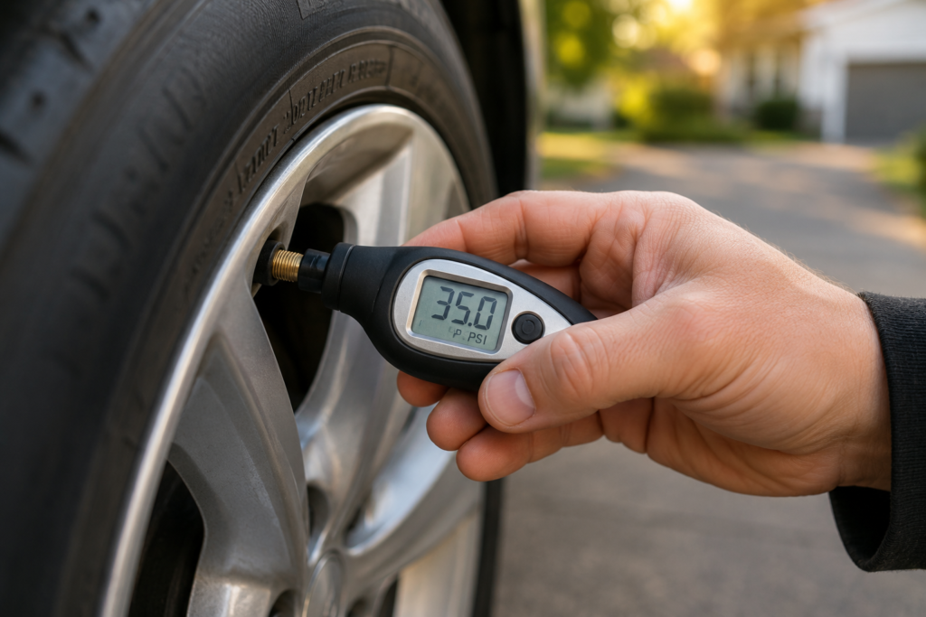Checking tire pressure with a gauge before a tire shop visit