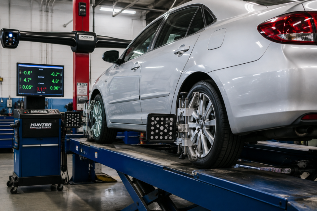 Mechanic Performing Wheel Alignment to Fix Car Pulling