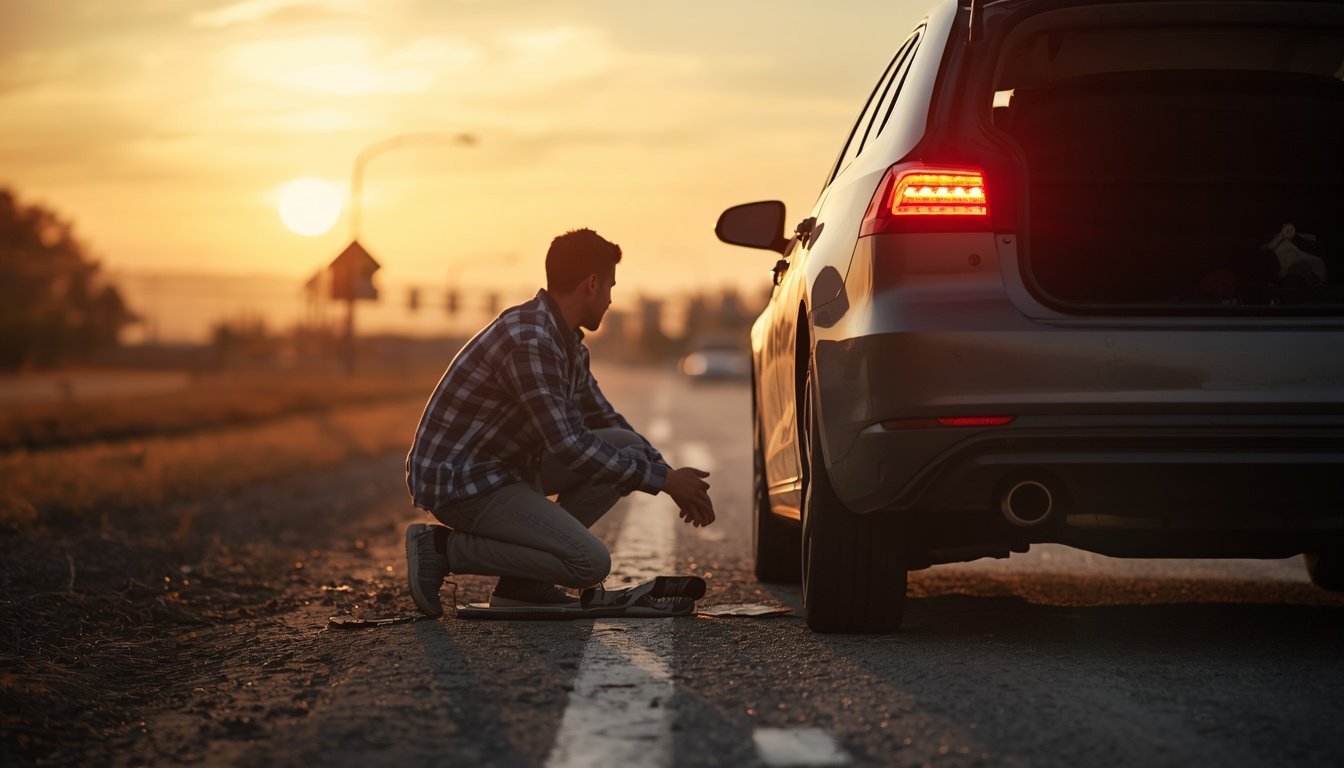Person changing a flat tire on the shoulder of a highway with hazard lights on
