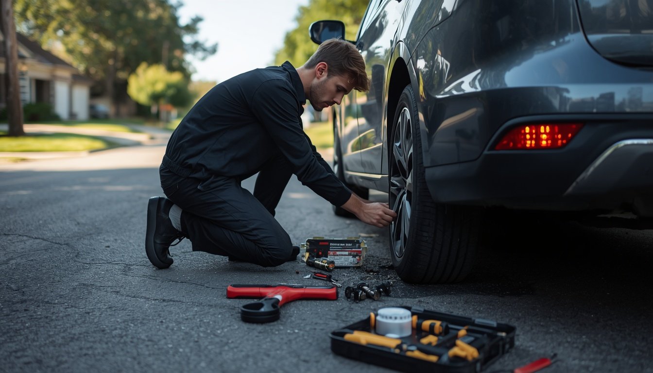 Person kneeling beside a car changing a flat tire on the roadside with hazard lights on