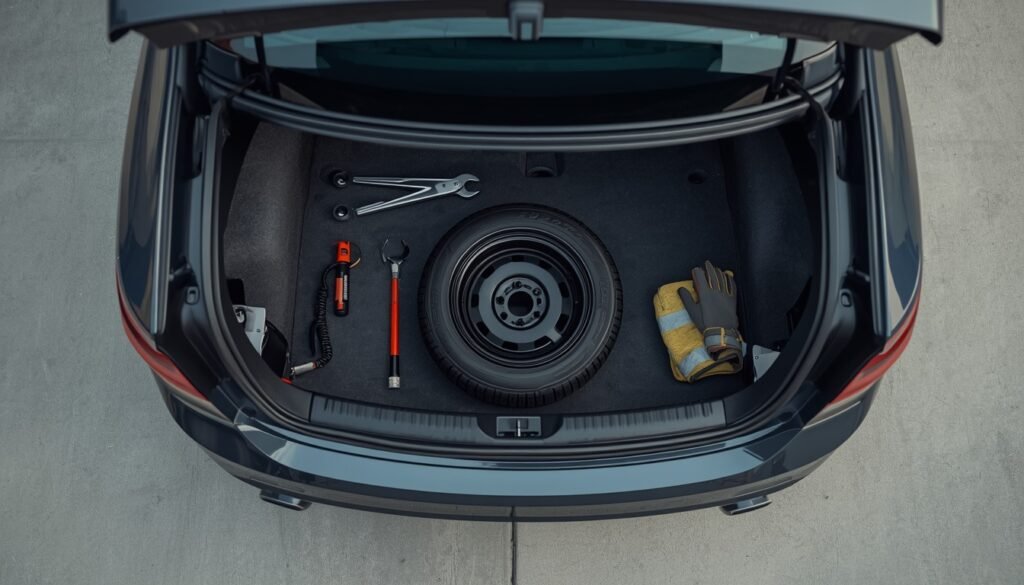 Organized roadside emergency kit with spare tire, jack, and safety gear in a car trunk