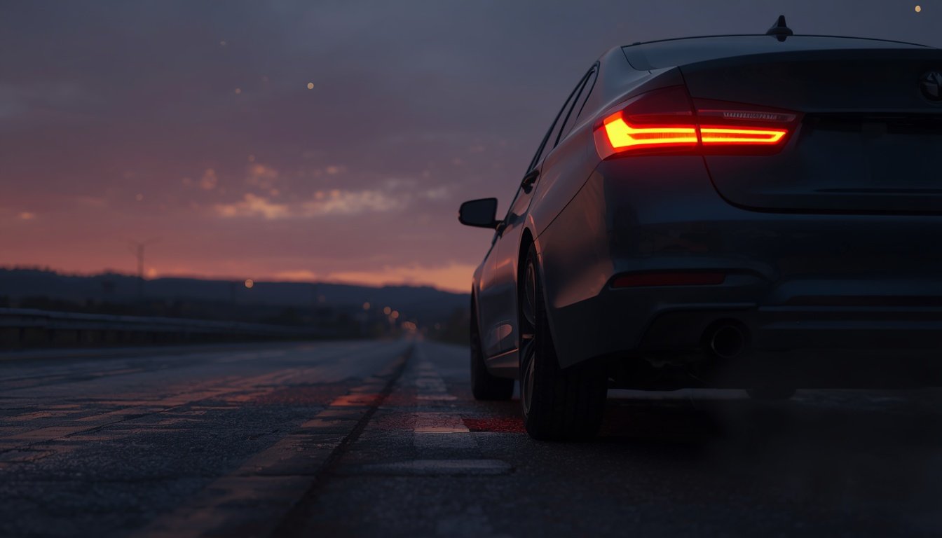 Car with a flat tire pulled over on a highway shoulder at dusk with hazard lights on