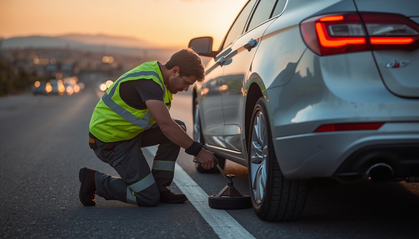 Roadside assistance technician installing a spare tire on a car parked safely on the highway shoulder