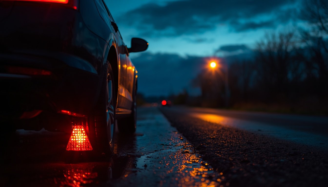 Technician performing a mobile tire change at night with hazard lights on