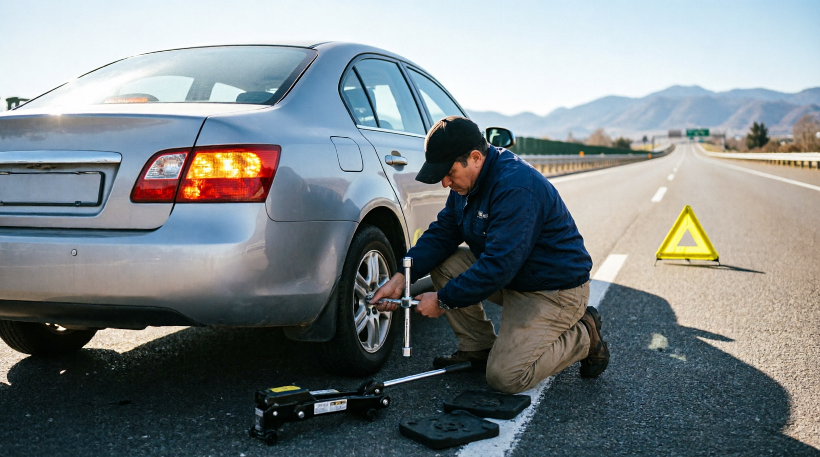 Driver safely changing a flat tire on the shoulder of a highway with hazard lights on