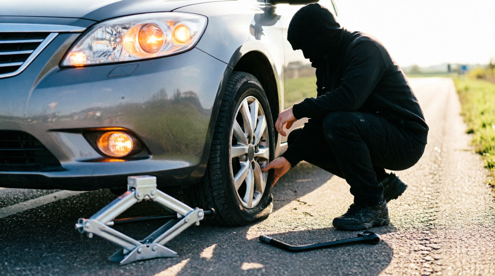 Car with hazard lights on parked safely on the roadside next to a flat tire, jack, and lug wrench