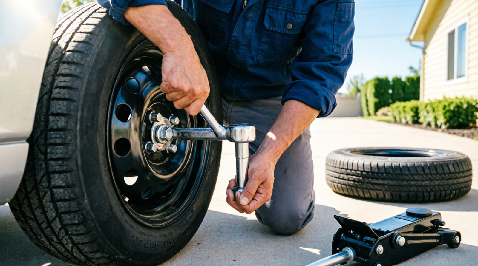 Person changing a flat tire in a driveway using a lug wrench and jack