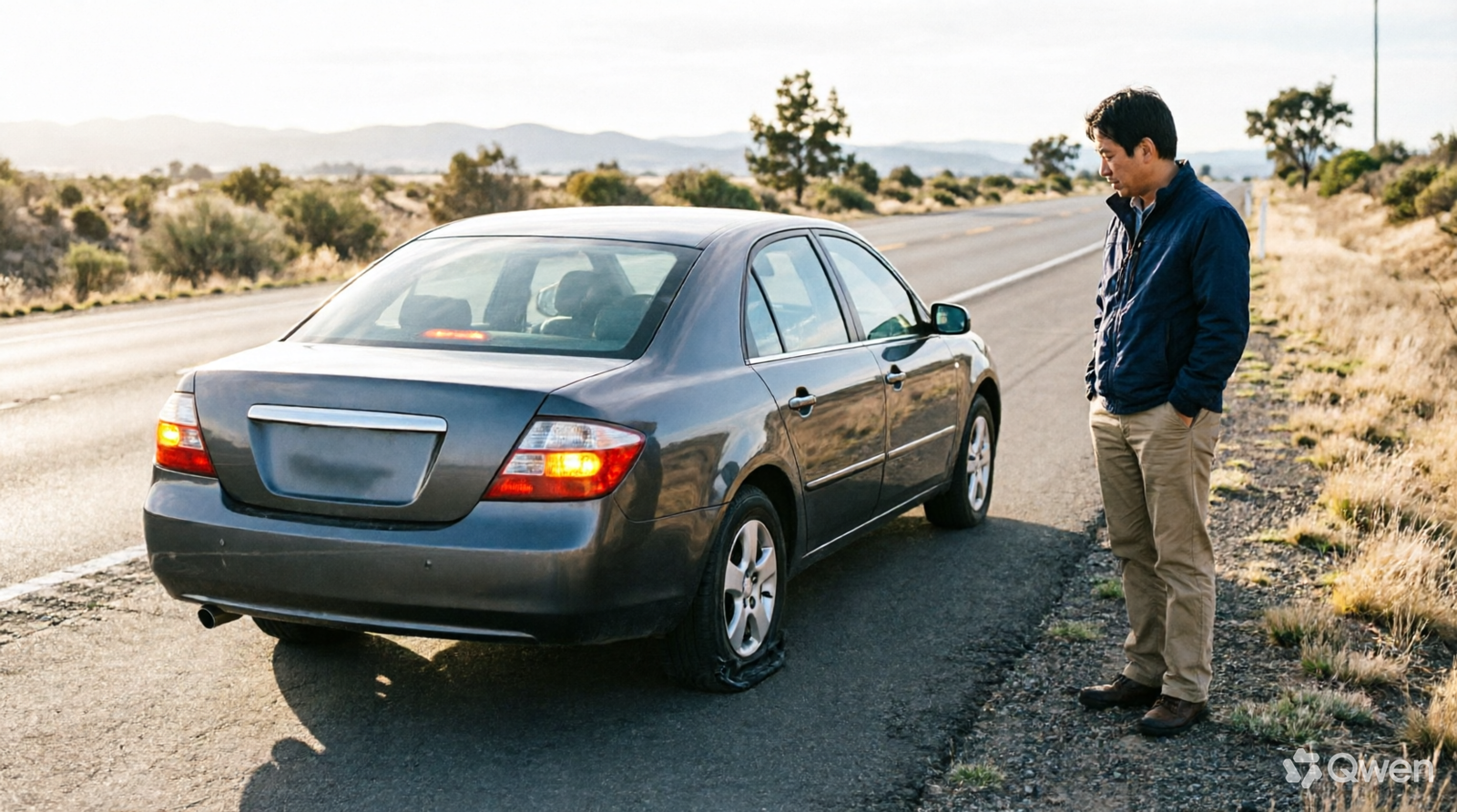 Driver checking a flat tire after safely pulling car onto the road shoulder