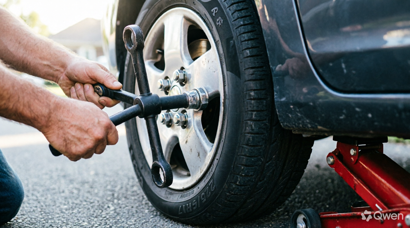 Hands using a lug wrench to remove lug nuts from a car wheel with a jack positioned underneath