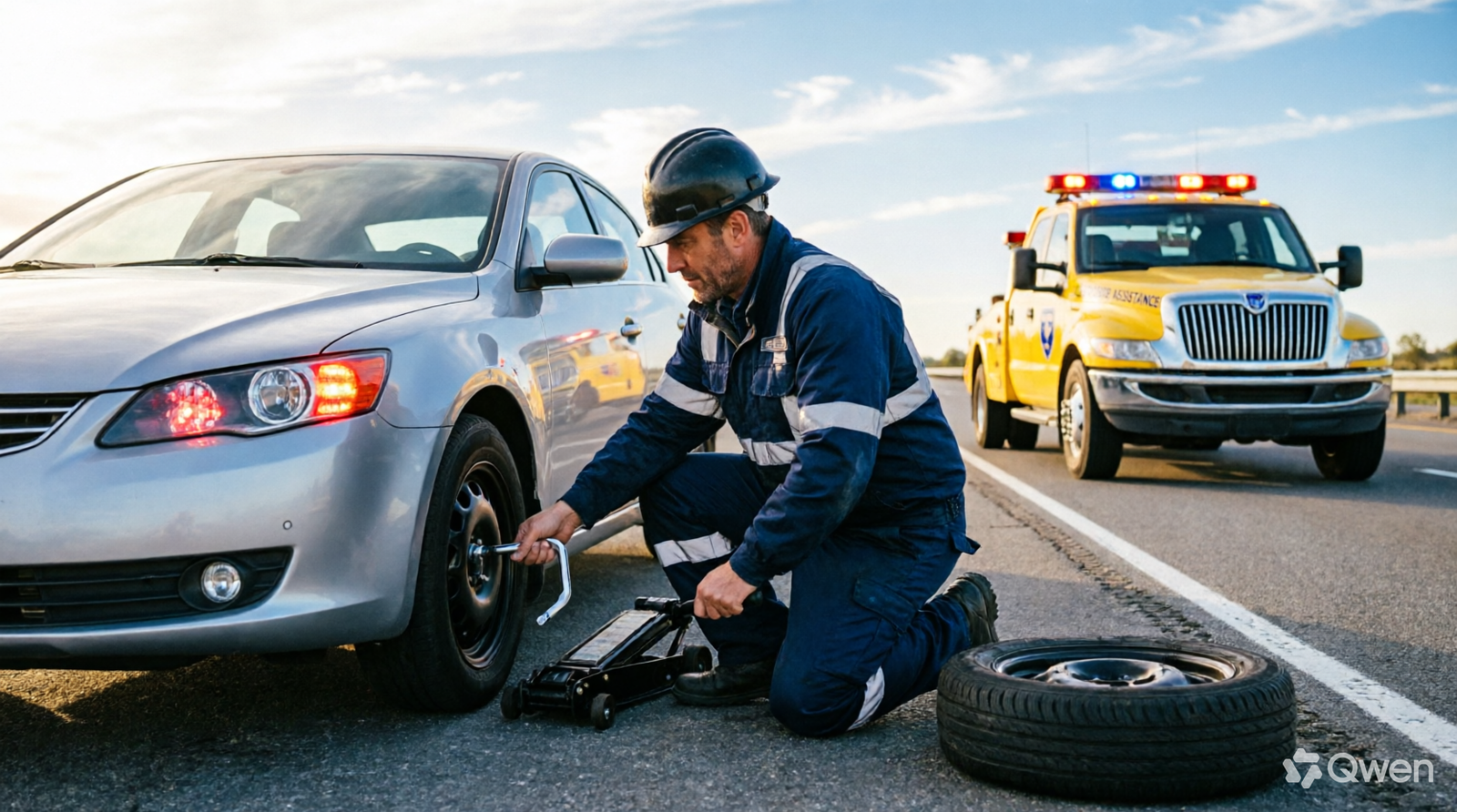 Roadside assistance technician changing a flat tire on the side of the road