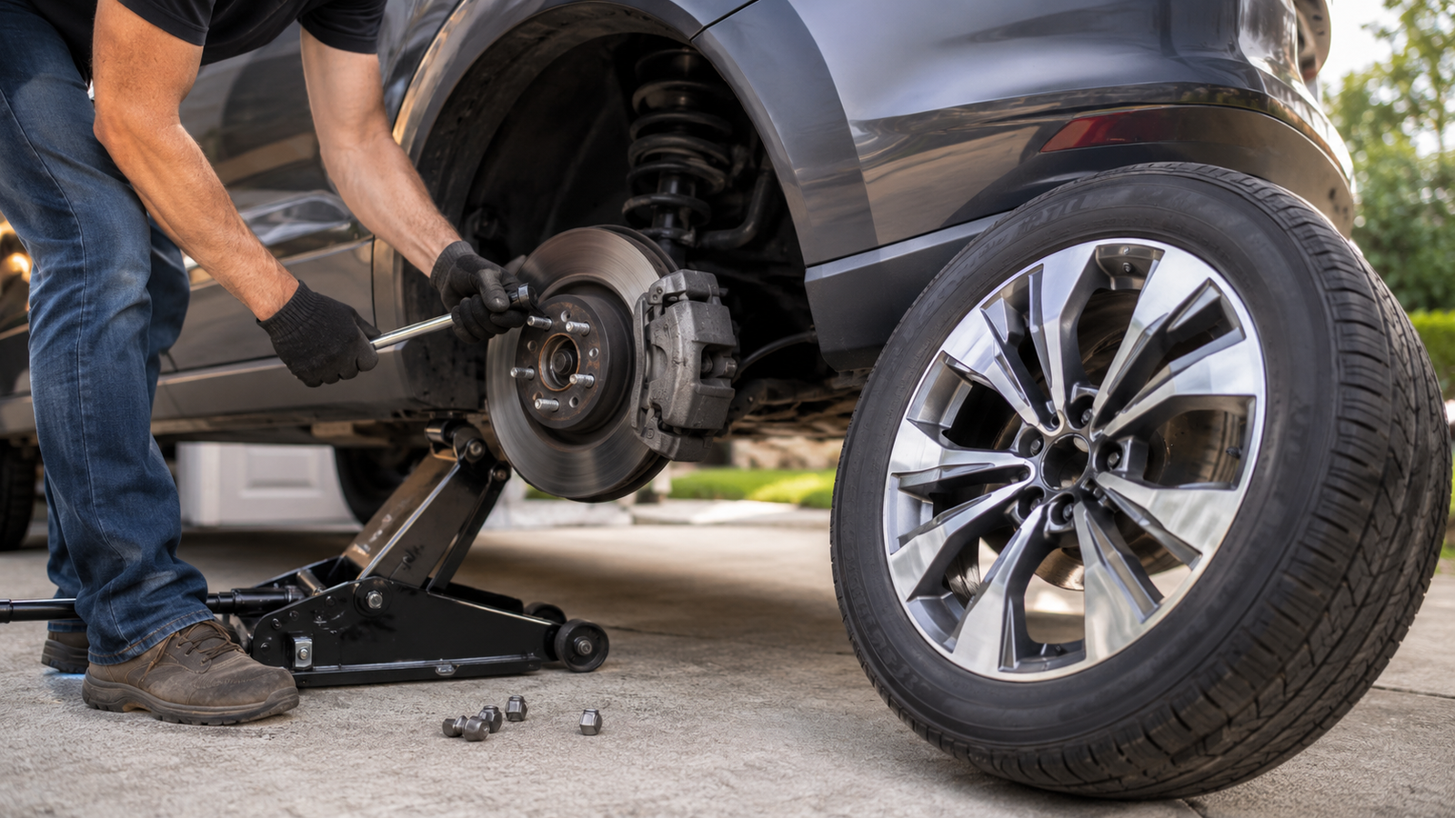 Person removing a car wheel with a lug wrench