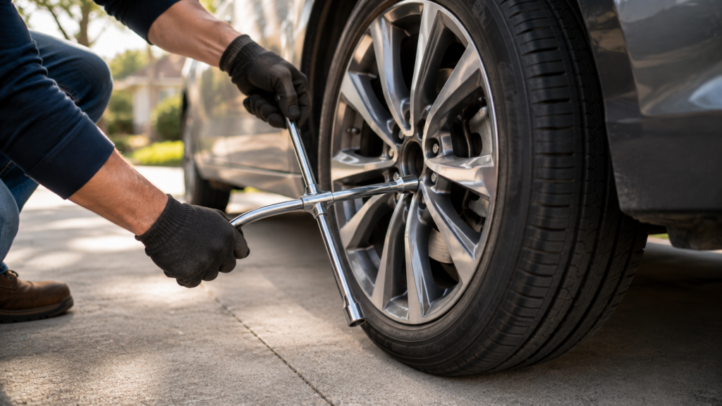 Person loosening car wheel lug nuts with a cross-shaped lug wrench