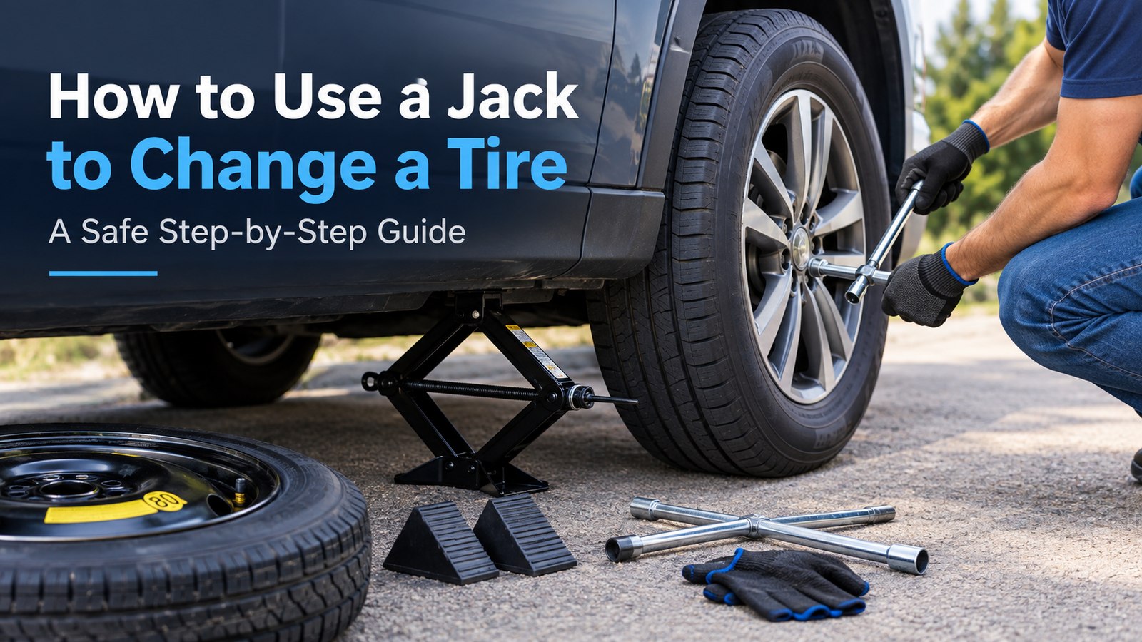 Person using a car jack to lift a vehicle while changing a tire