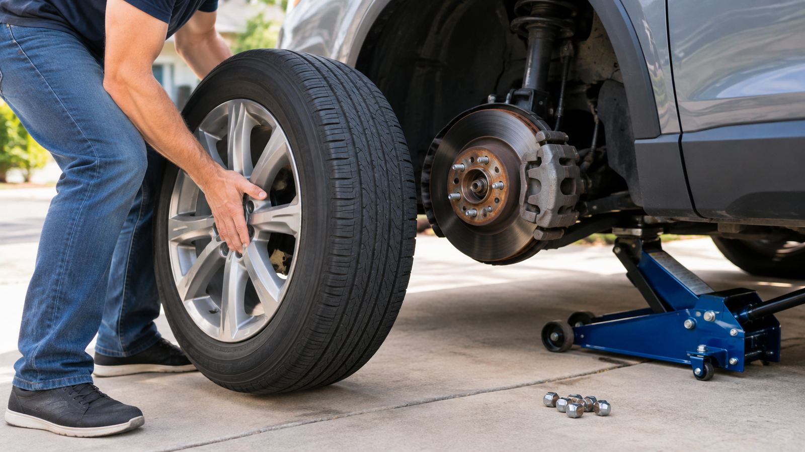 Person removing a car wheel and tire from the vehicle