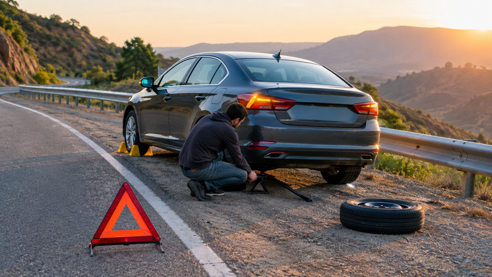 Person changing a flat tire on a sloped mountain road with wheel chocks and a warning triangle