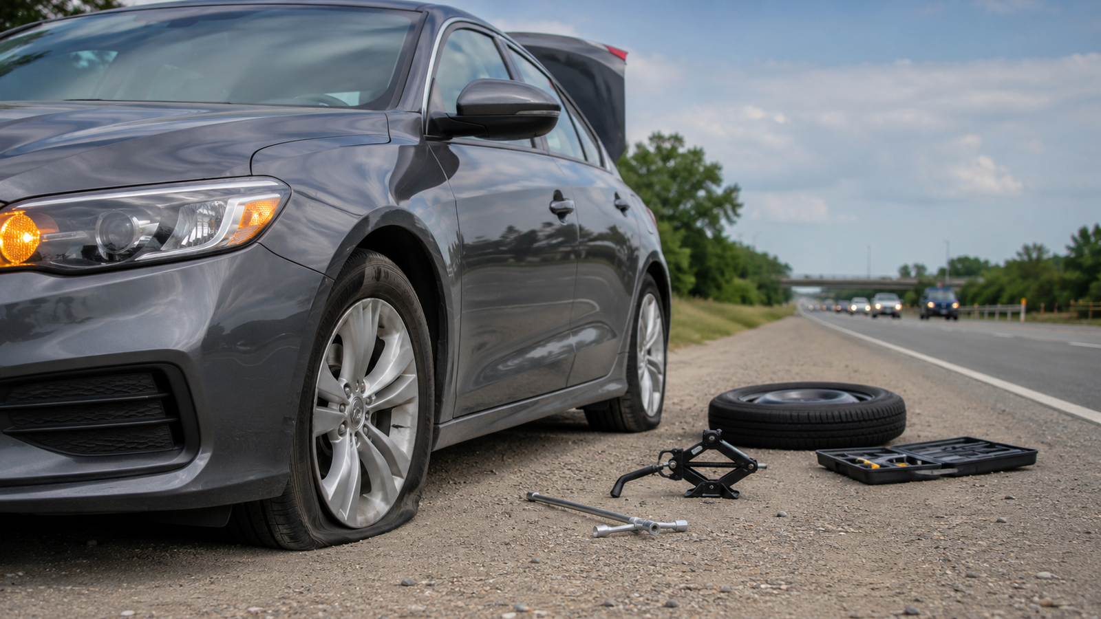 Car with a flat front tire parked on a roadside with a spare tire and tire-changing tools
