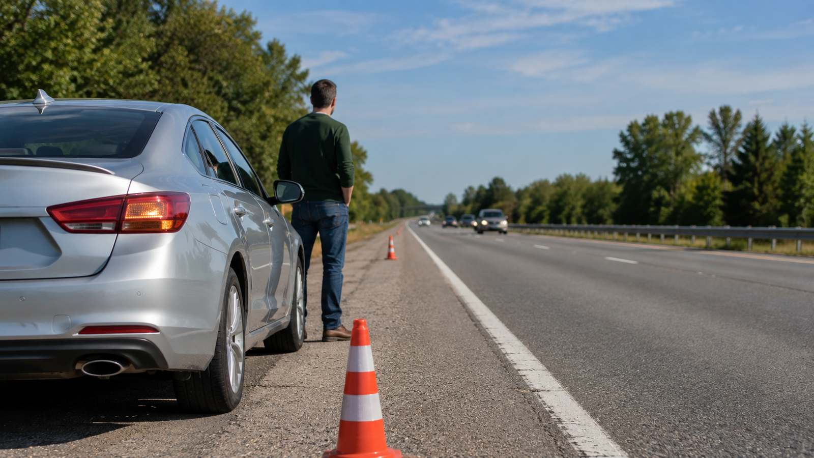  Car safely pulled onto roadside shoulder with hazard lights on
