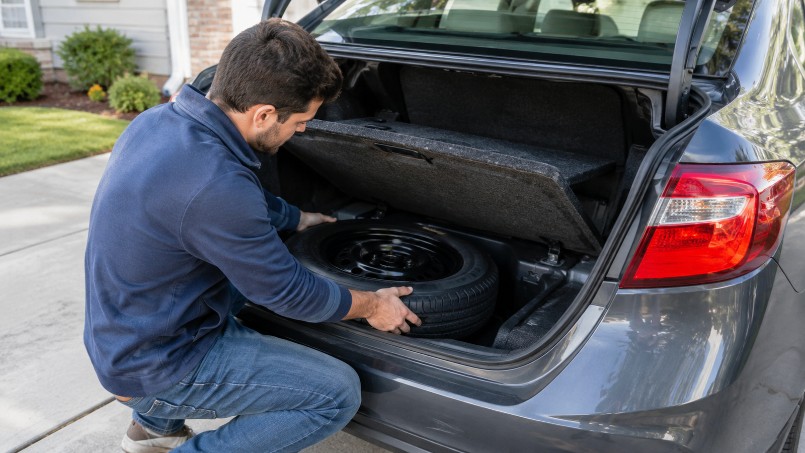 Person removing a spare tire from the trunk of a sedan