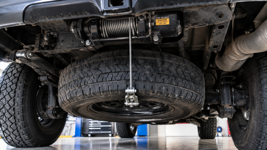 Spare tire suspended beneath a pickup truck by a cable winch