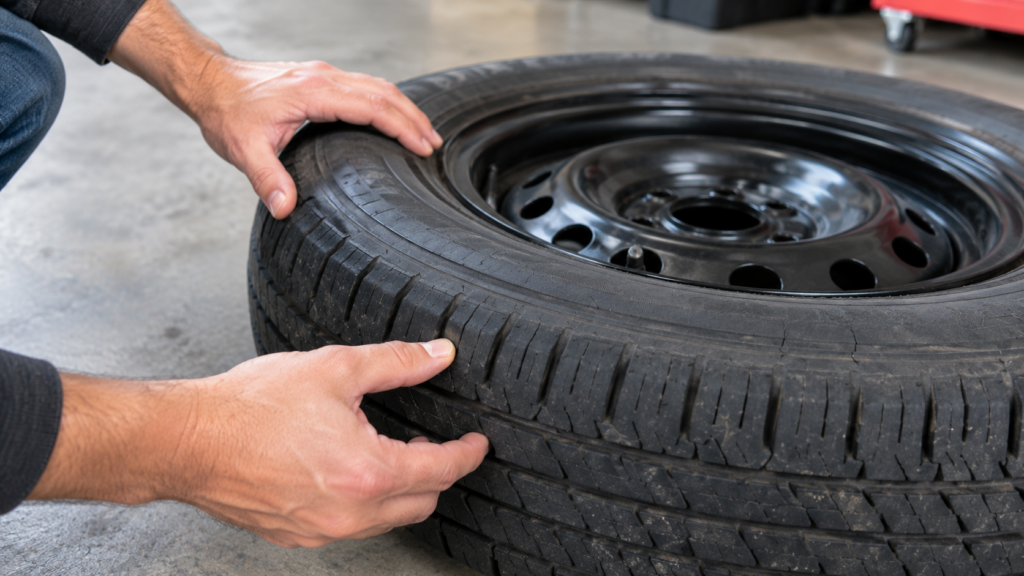 Hands inspecting a spare tire for cracks and tread wear