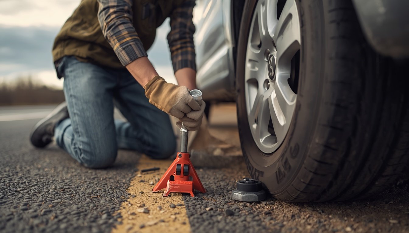 Person using a lug wrench to change a flat tire by hand on the roadside