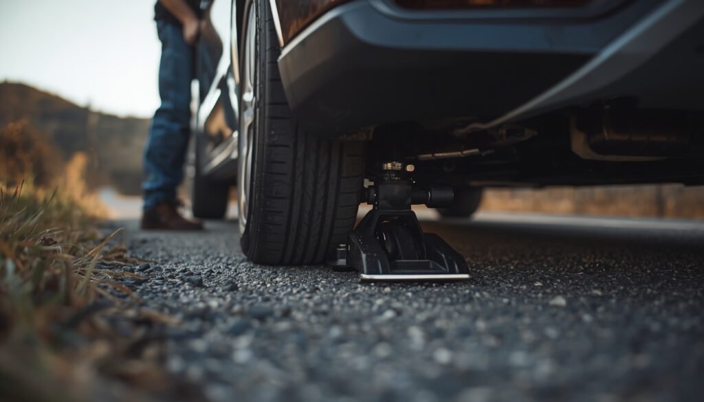 Person positioning a car jack at the correct lifting point on a sloped roadside