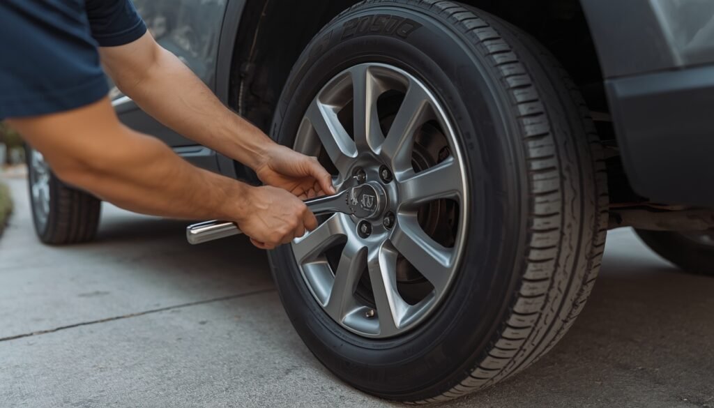 Using a lug wrench to loosen wheel lug nuts