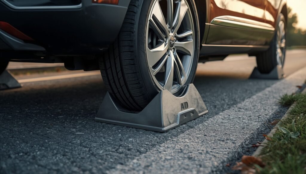Wheel chocks positioned against a car's tires on a sloped road