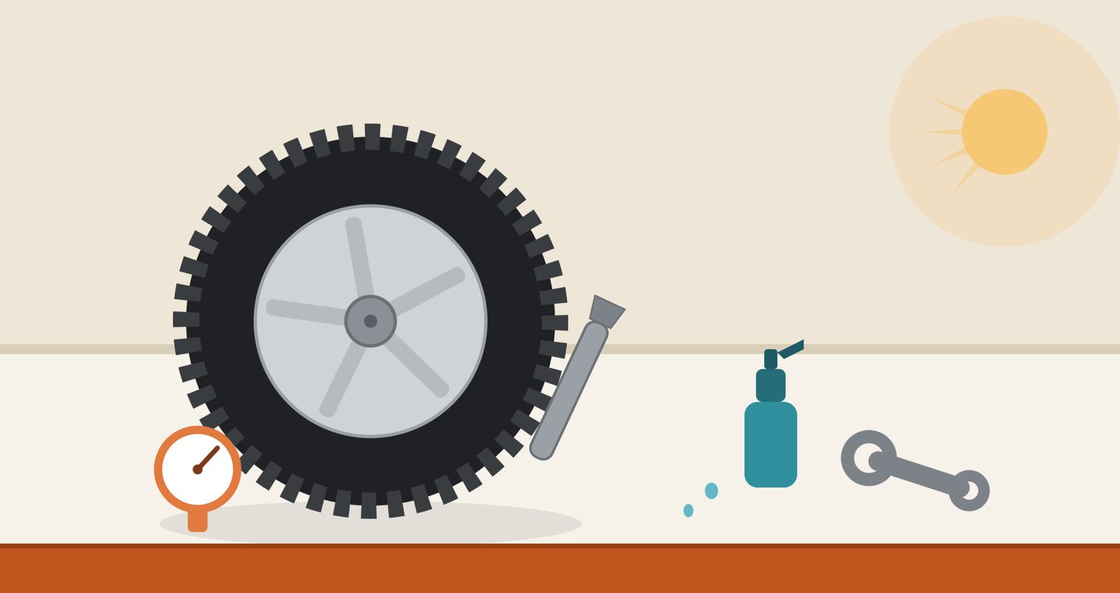Illustration of a tire leaning against a wheel rim next to a tire iron, lubricant spray, pressure gauge, and wrench