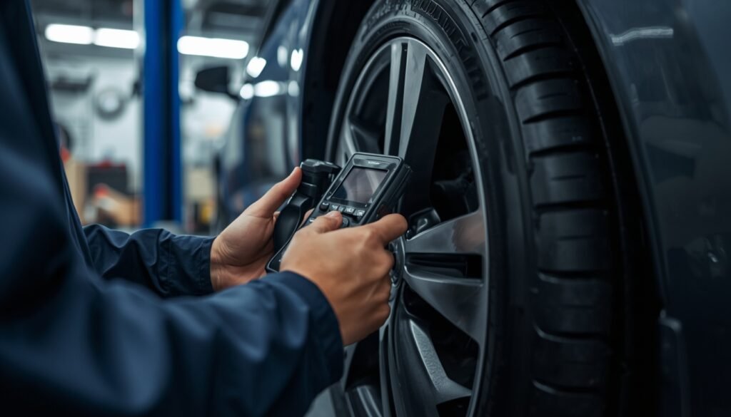 Technician testing a TPMS sensor with a diagnostic tool
